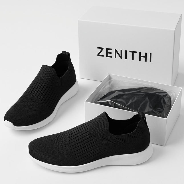 Zapatillas mujer transpirables negras, material tejido, diseño moderno, ideales para confort diario.