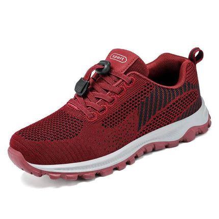 Zapatillas para caminar antideslizantes de mujer color rojo, diseño amplio y cómodo, ideal para personas mayores.