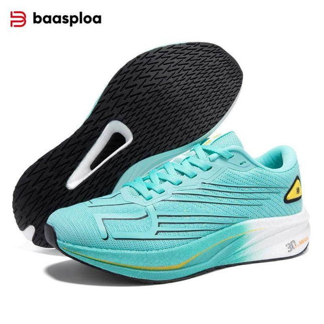 Zapatillas para correr mujer color celeste con suela negra, diseño ergonómico y antiimpacto para comodidad y soporte óptimos.