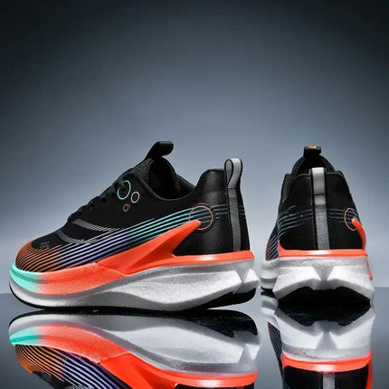 Zapatillas de running unisex con placa de carbono y suela antideslizante, diseño negro con detalles multicolor.