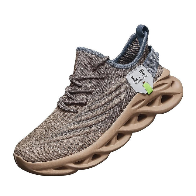 Zapatillas running hombre, ligeras y transpirables, color beige con suela marrón, ideales para corredores.