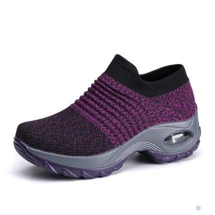 Zapatillas deportivas transpirables moradas para mujeres, con aire acondicionado y soporte de pie, diseño liviano y flexible.