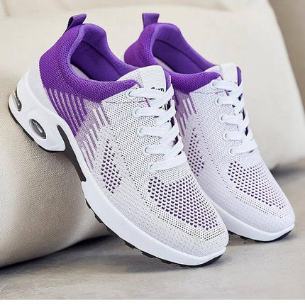 Zapatillas transpirables blancas y moradas para correr, suela anti-impacto, diseño ergonómico, unisex, promoción especial.