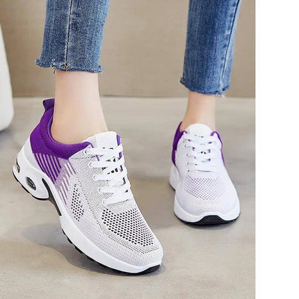 Zapatillas transpirables blancas y púrpuras para correr, suela anti-impacto, diseño ergonómico, ideal para mujeres en verano.