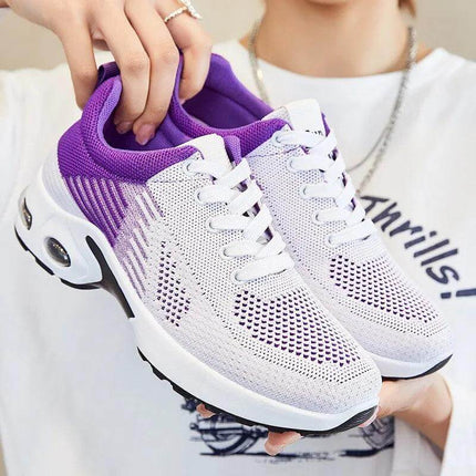 Zapatillas de correr transpirables morado y blanco para mujer, diseño ergonómico con suela anti-impacto, ideales verano.