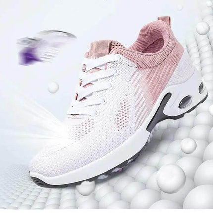 Zapatillas transpirables de correr blancas y rosas, suela ergonómica y anti-impacto, para mujeres activas.