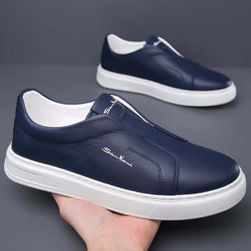 Zapatillas para hombre, cuero azul marino, diseño moderno y sofisticado, ideales para estilo casual y urbano.