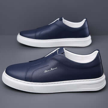 Zapato clásico moderno azul marino para hombre, cuero genuino, elegante y confortable.