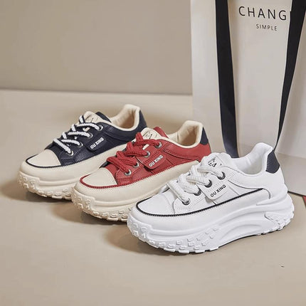 Zapatillas casuales con alza de suela gruesa, colores: negro, rojo, blanco; estilo moderno, para jóvenes, material transpirable.
